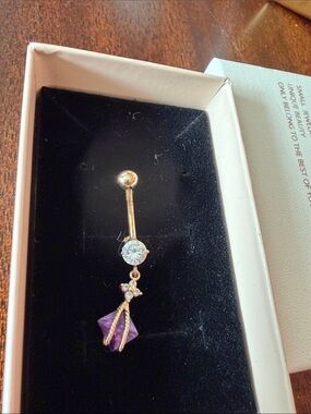 Gold-Tone Purple Crystal Dangle Belly Button Ring - Unbranded